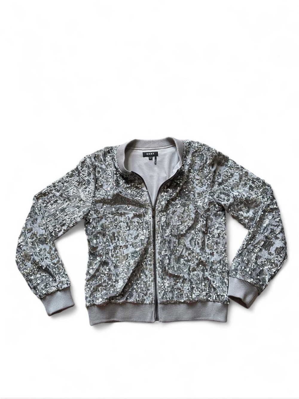 Women’s blinged out Y2K Gray all over Sequin embellished Bomber Jacket dkny